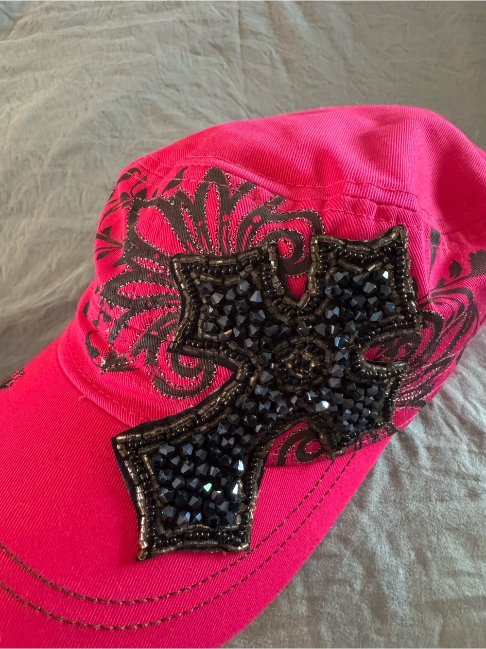 Women's Pink Embellished Cross Cap